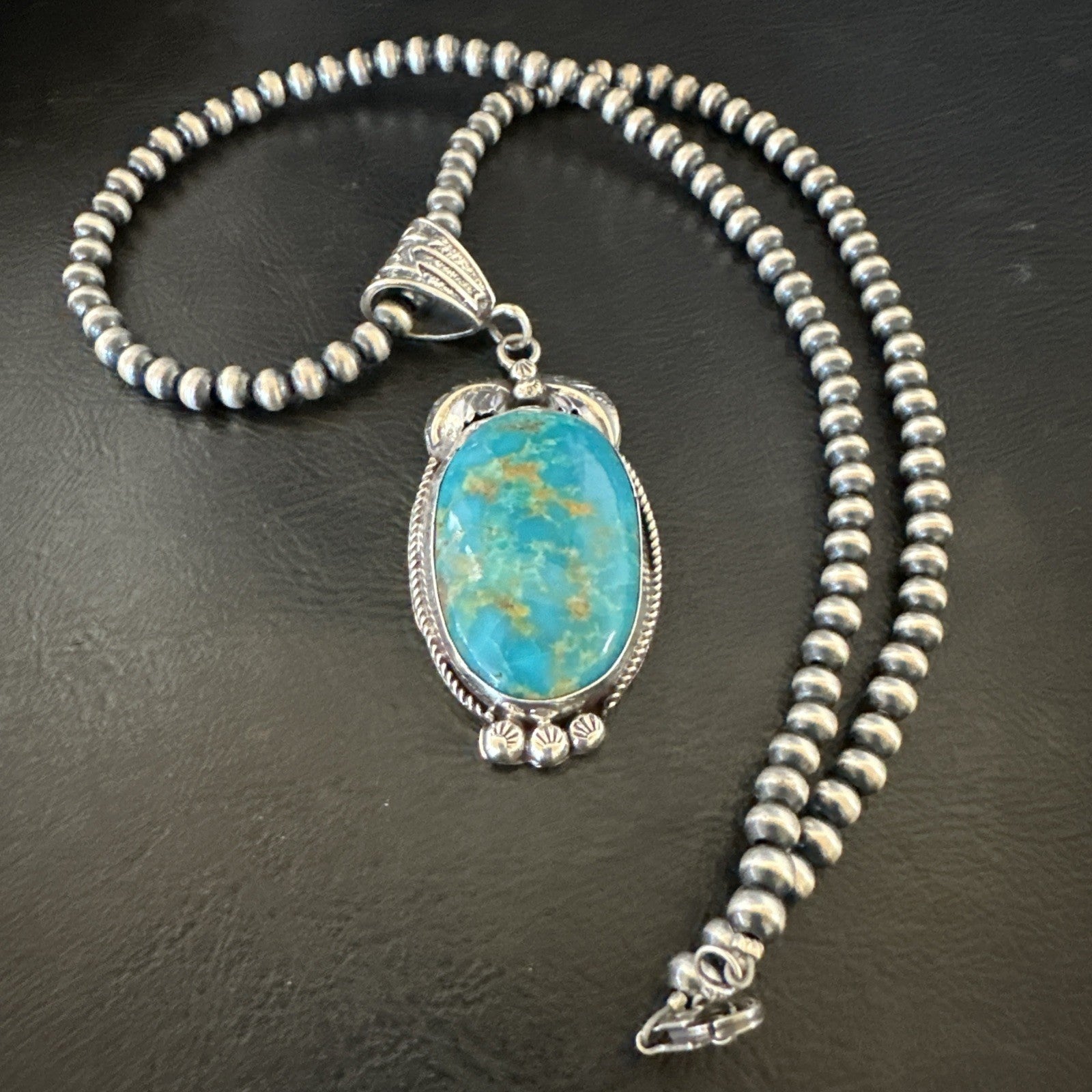 Mens Blue Kingman Turquoise Pendant Navajo Pearls Sterling Silver Necklace 19344