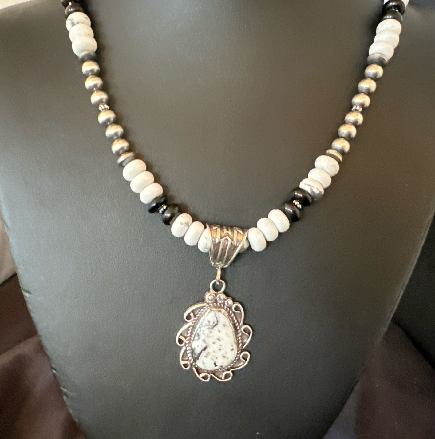 White Buffalo Turquoise Pendant Howlite Navajo Sterling Silver Necklace 24”18724