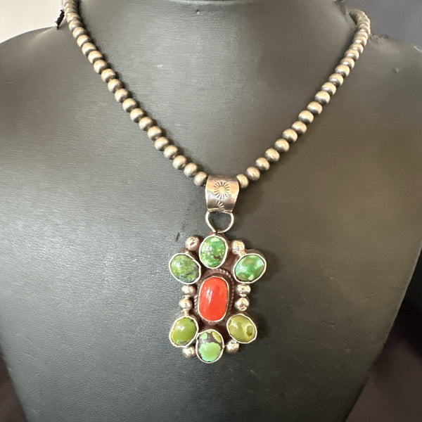 Navajo Cluster Red Turquoise Pendant Necklace | Sterling Silver | Authentic Native American Handmade | 17714