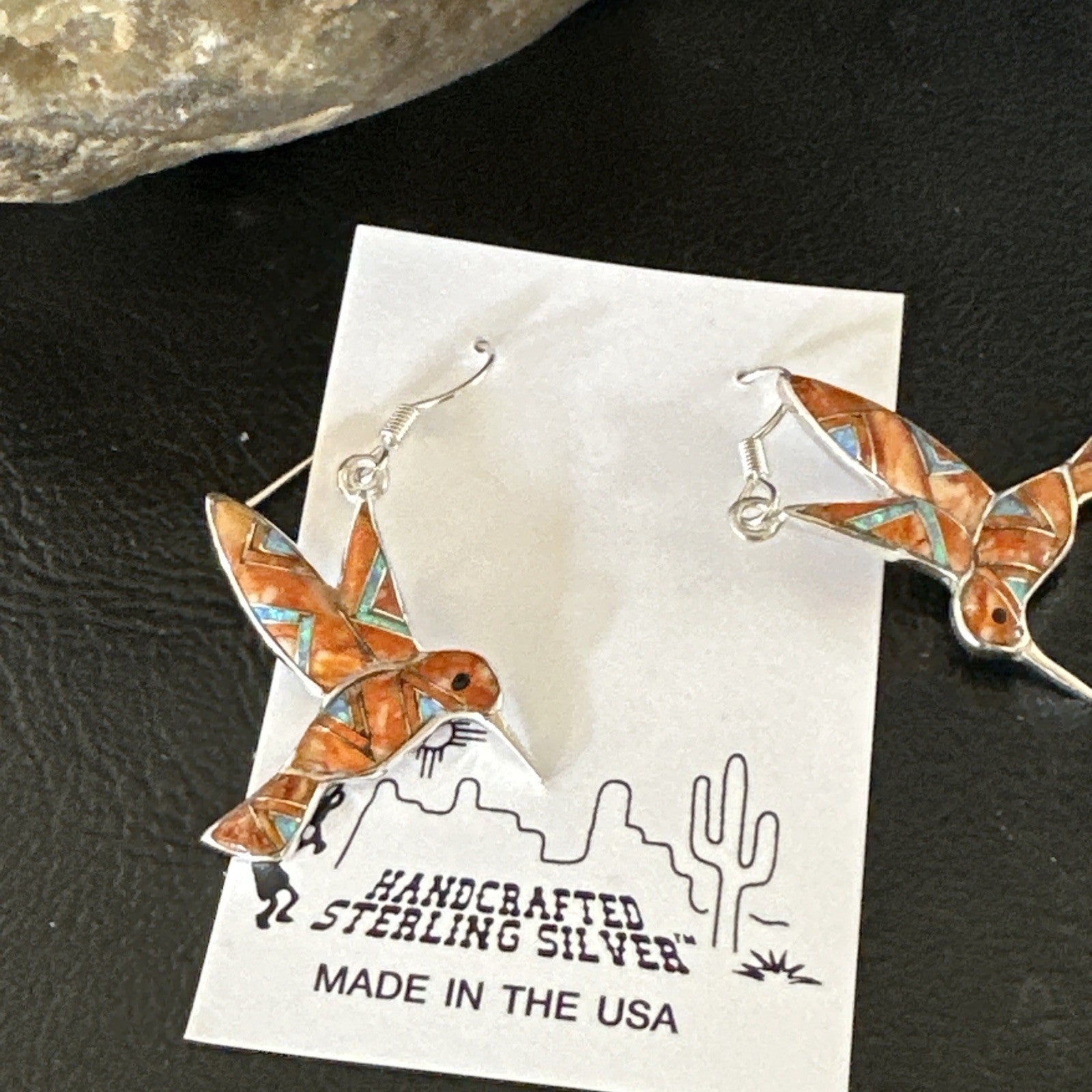 Orange Spiny Oyster Opal Sterling Silver Hummingbird Dangle Earrings 19133
