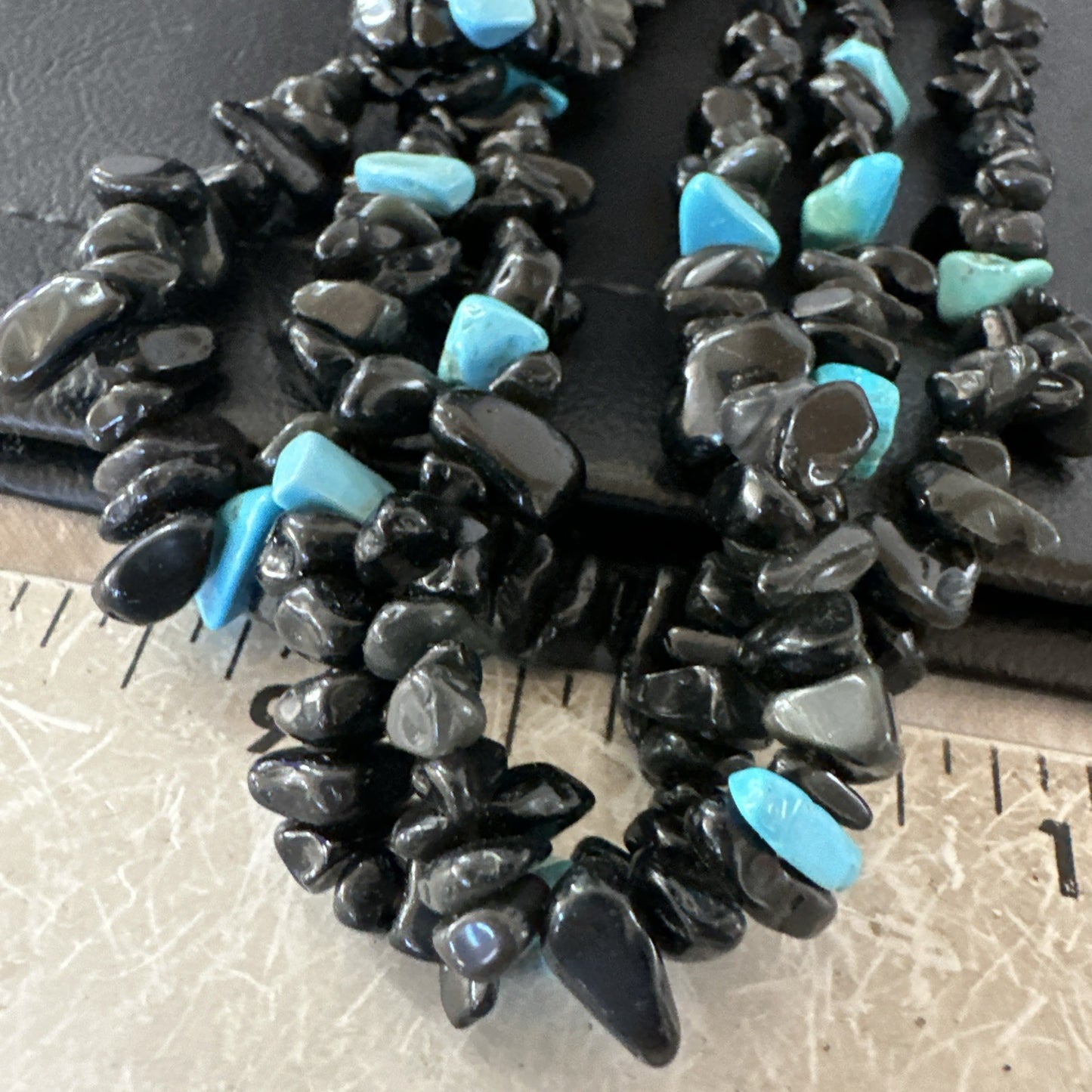 Sterling NAVAJO Black Onyx Blue Turquoise 3S Silver Necklace 30” 19577