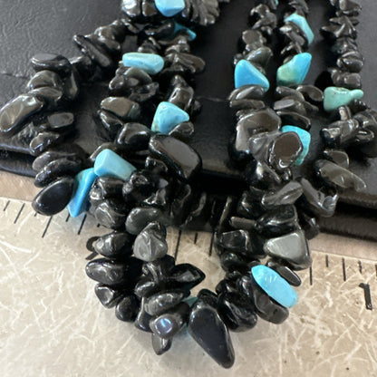 Sterling NAVAJO Black Onyx Blue Turquoise 3S Silver Necklace 30” 19577