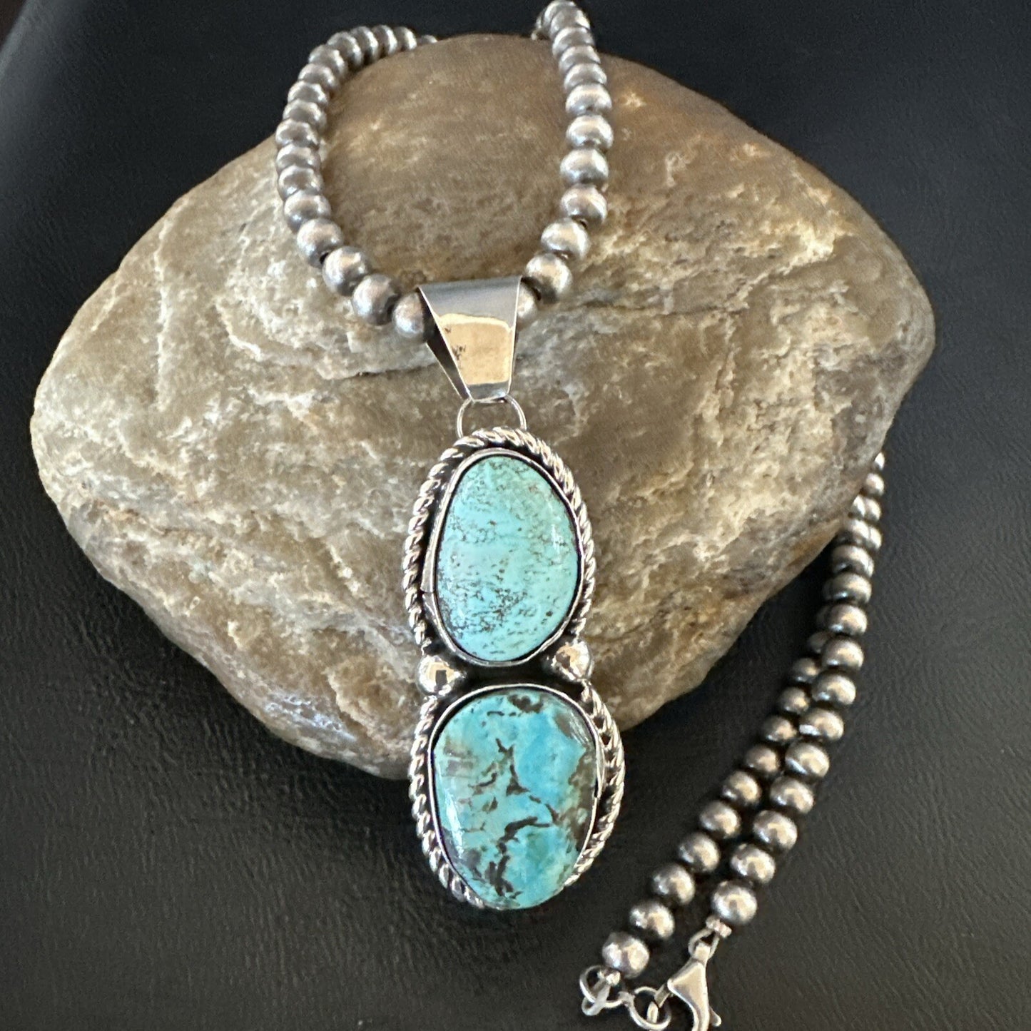 Blue Turquoise 2 Stone Navajo Sterling Silver Cluster Pendant 18191