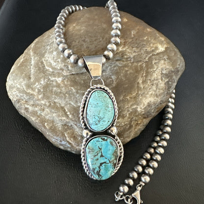 Blue Turquoise 2 Stone Navajo Sterling Silver Cluster Pendant 18191
