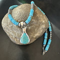 Pottery Blue Turquoise Inlay Pendant Navajo Necklace 20" | Sterling Silver | Authentic Native American Handmade | 19678