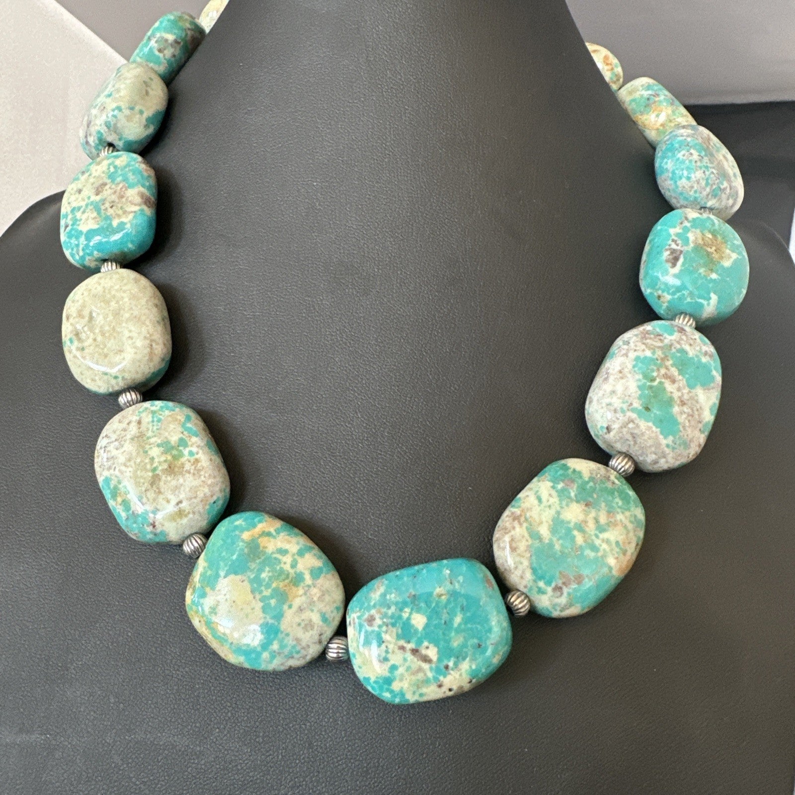 Mens Womens Chunky Blue Turquoise Navajo Sterling Silver Necklace 21” 19579