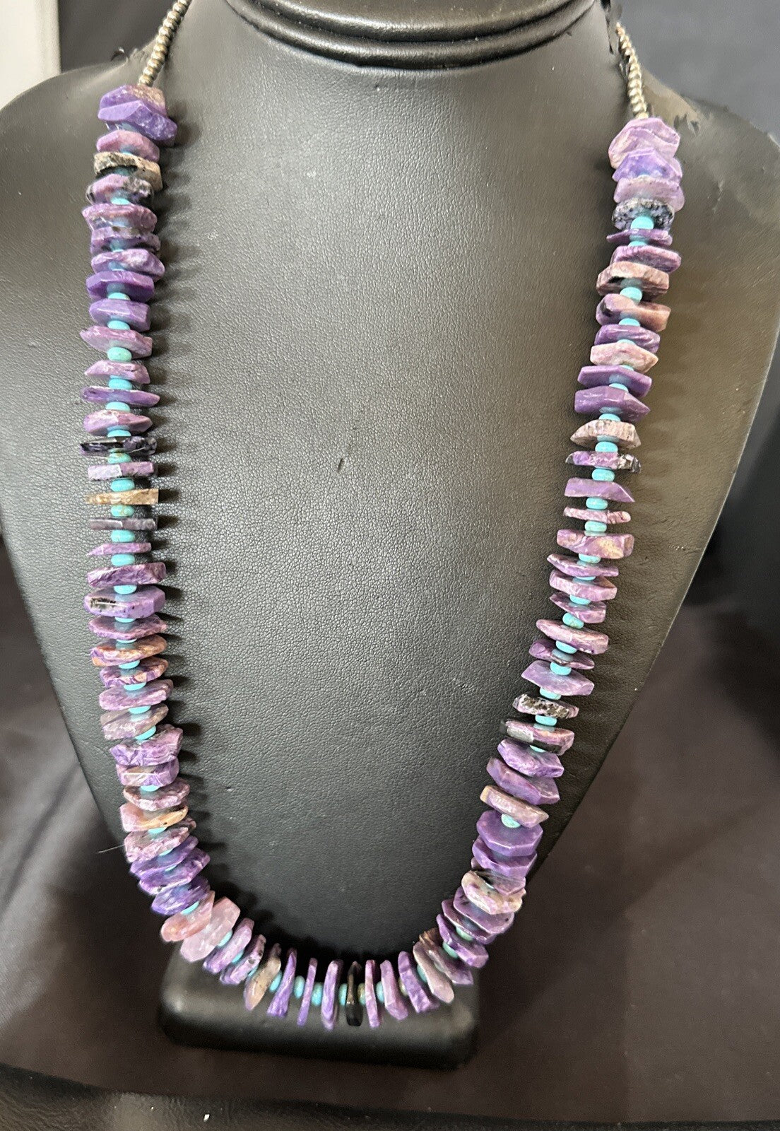 Popular Purple Charoite Blue Turquoise Navajo Sterling Silver Necklace 23” 18053