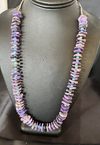 Popular Purple Charoite Blue Turquoise Navajo Sterling Silver Necklace 23” 18053