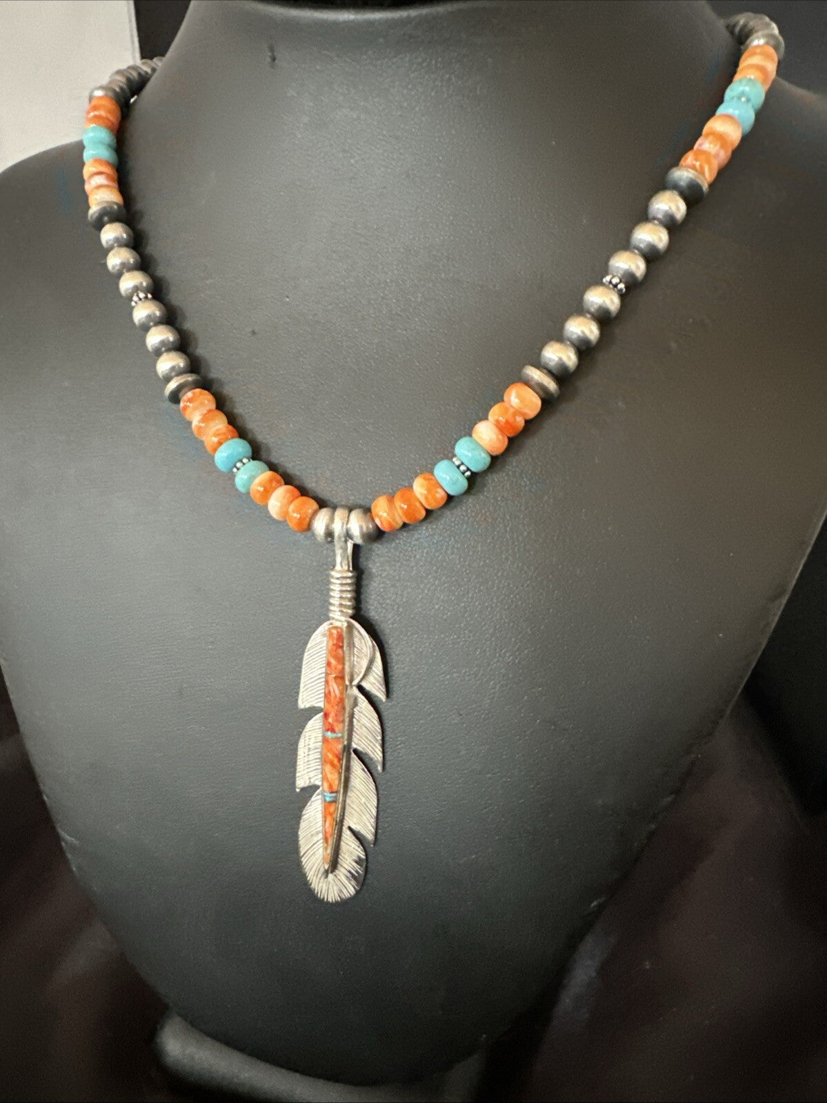 Feather Orange Spiny Opal Pendant Sterling Silver Turquoise Necklace 21” 18672