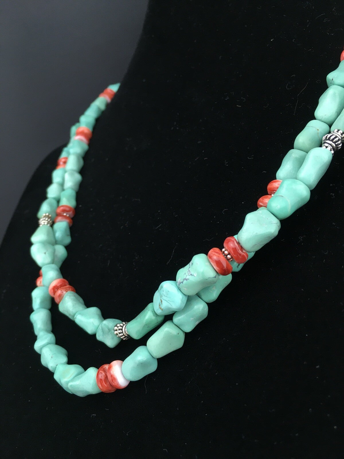 Native Turquoise Spiny Sterling Silver Nugget Bead 2 Strands Necklace 22" 01352