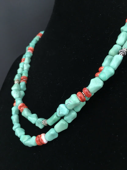 Native Turquoise Spiny Sterling Silver Nugget Bead 2 Strands Necklace 22" 01352