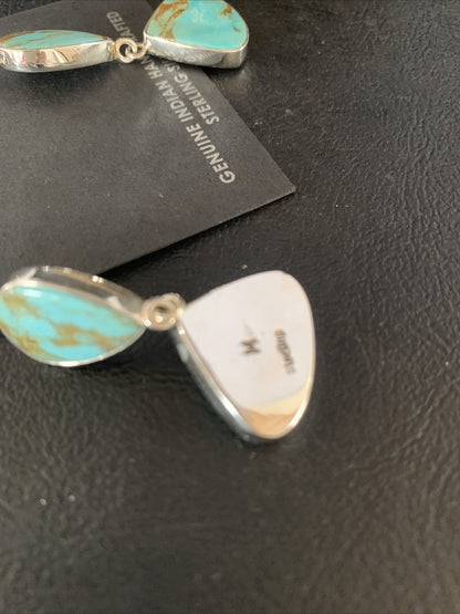 Blue Kingman Turquoise Navajo Sterling Silver Dangle Earrings 1.5" 14077