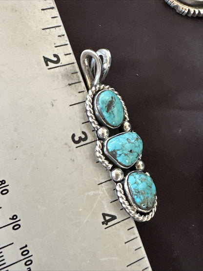 Blue Turquoise 3 Stone Navajo Sterling Silver Cluster Pendant Only 18312