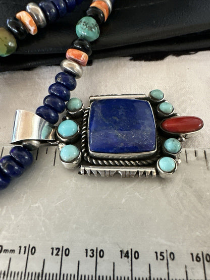 Multicolor Lapis Turquoise Pendant Navajo Sterling Silver Necklace 22” 19468