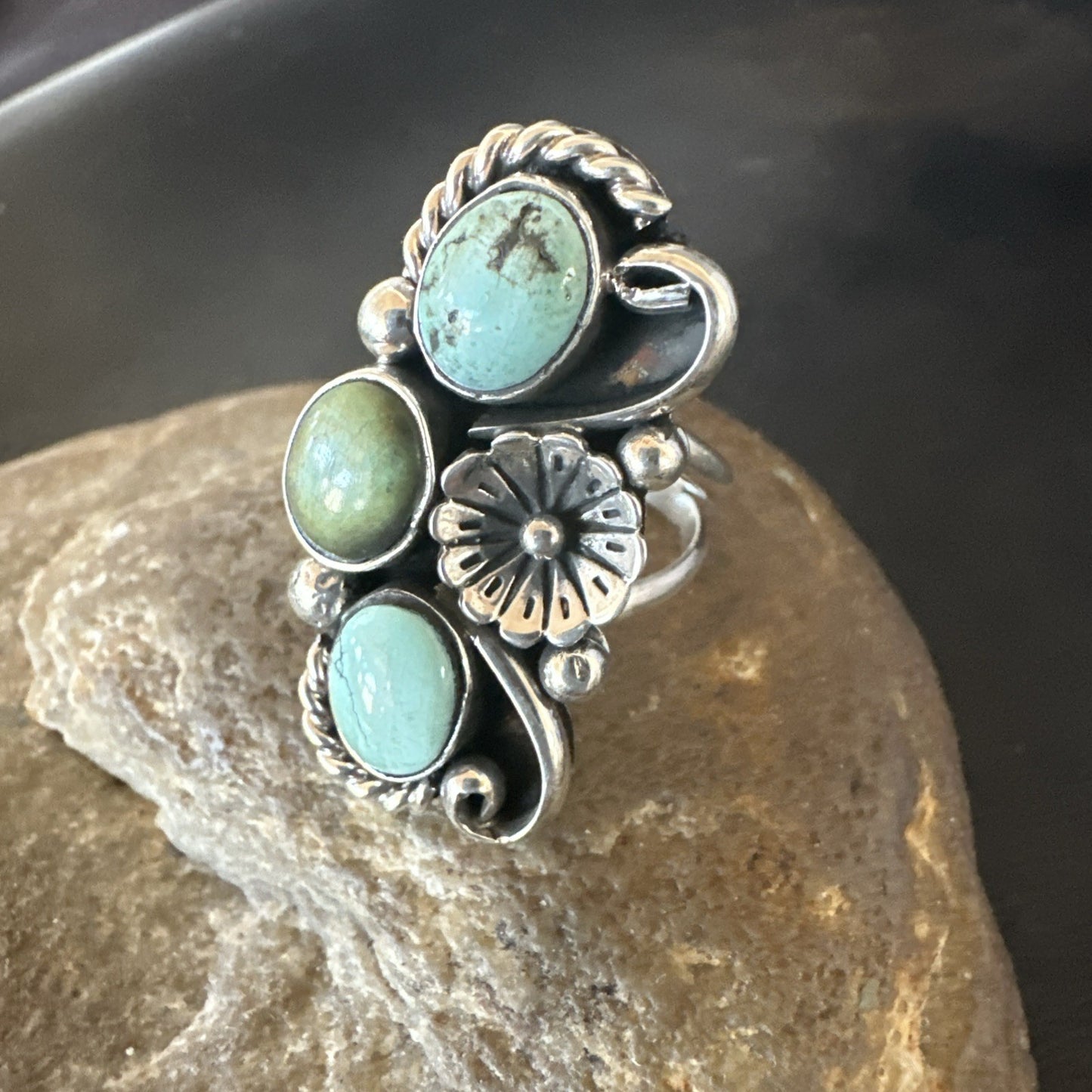 Blue Green Turquoise Navajo Sterling Silver Cluster Ring Size 8.5 19079