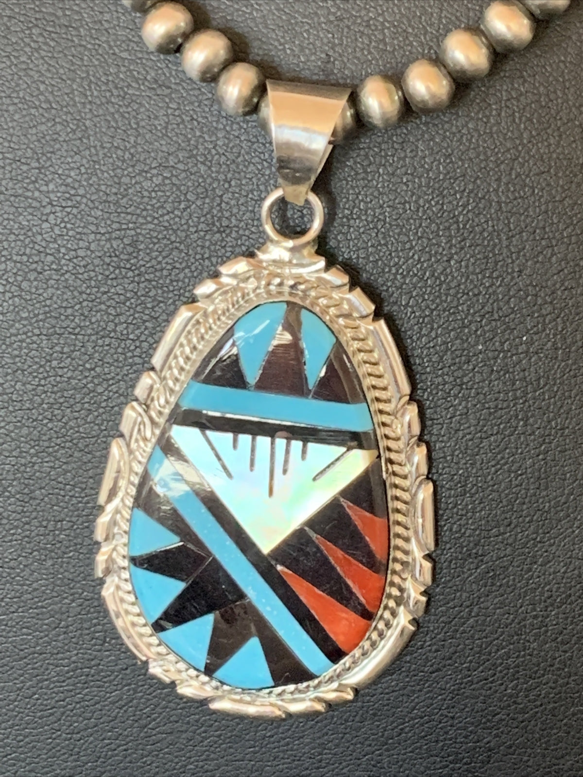 Turquoise Mother Of Pearl Coral Onyx Pendant Zuni Sterling Silver Necklace 12260