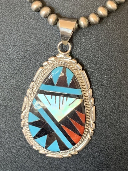 Turquoise Mother Of Pearl Coral Onyx Pendant Zuni Sterling Silver Necklace 12260