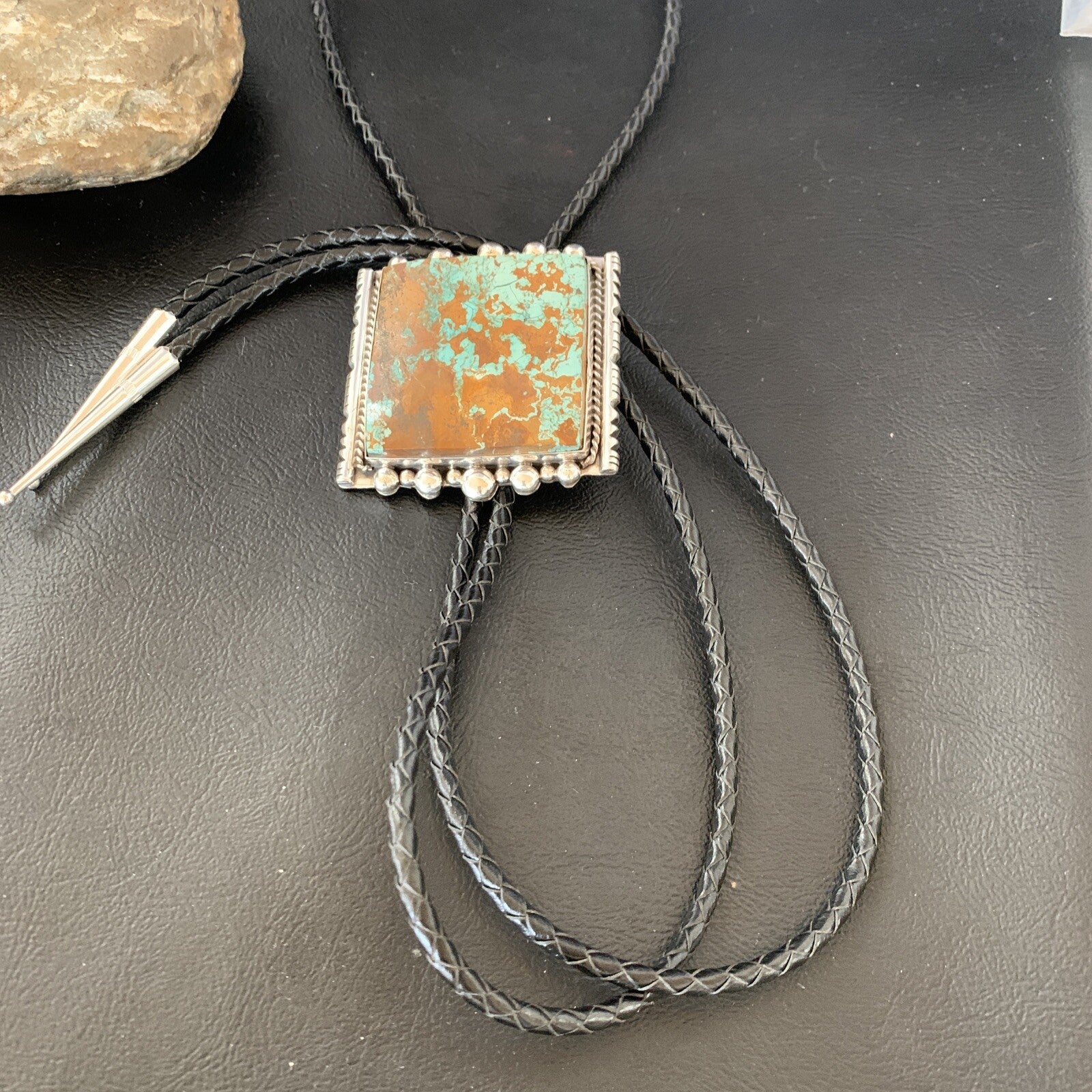 Mens Green Royston Turquoise Navajo Sterling Silver Bolo Tie 18897
