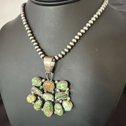 Green Sonoran Gold Turquoise Navajo Sterling Silver Cluster Pendant 19300