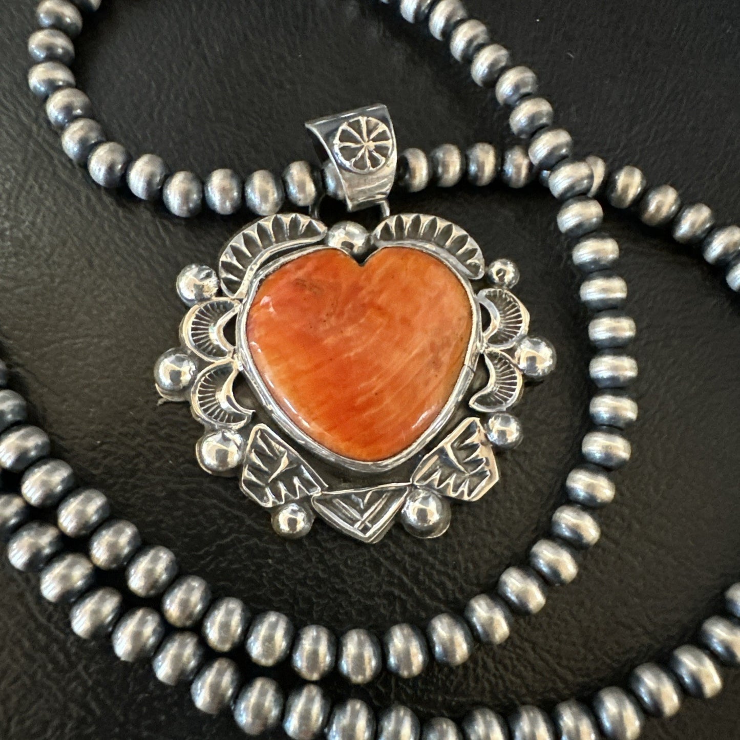 H Joe Orange Spiny Oyster Heart Pendant Navajo Sterling Silver Necklace 19486
