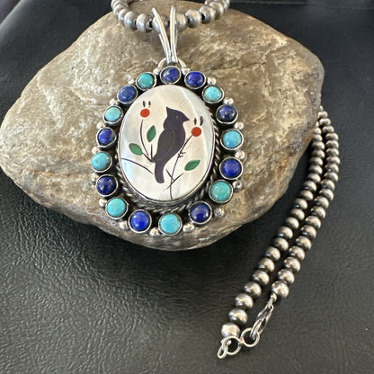 Blue Turquoise Black Onyx Inlay Pendant Sterling Silver Necklace 20�17926
