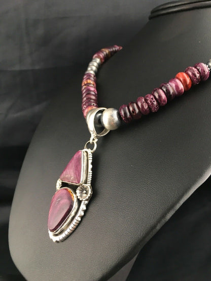 Purple Spiny Oyster Pendant Navajo Sterling Silver Beads Necklace 08175