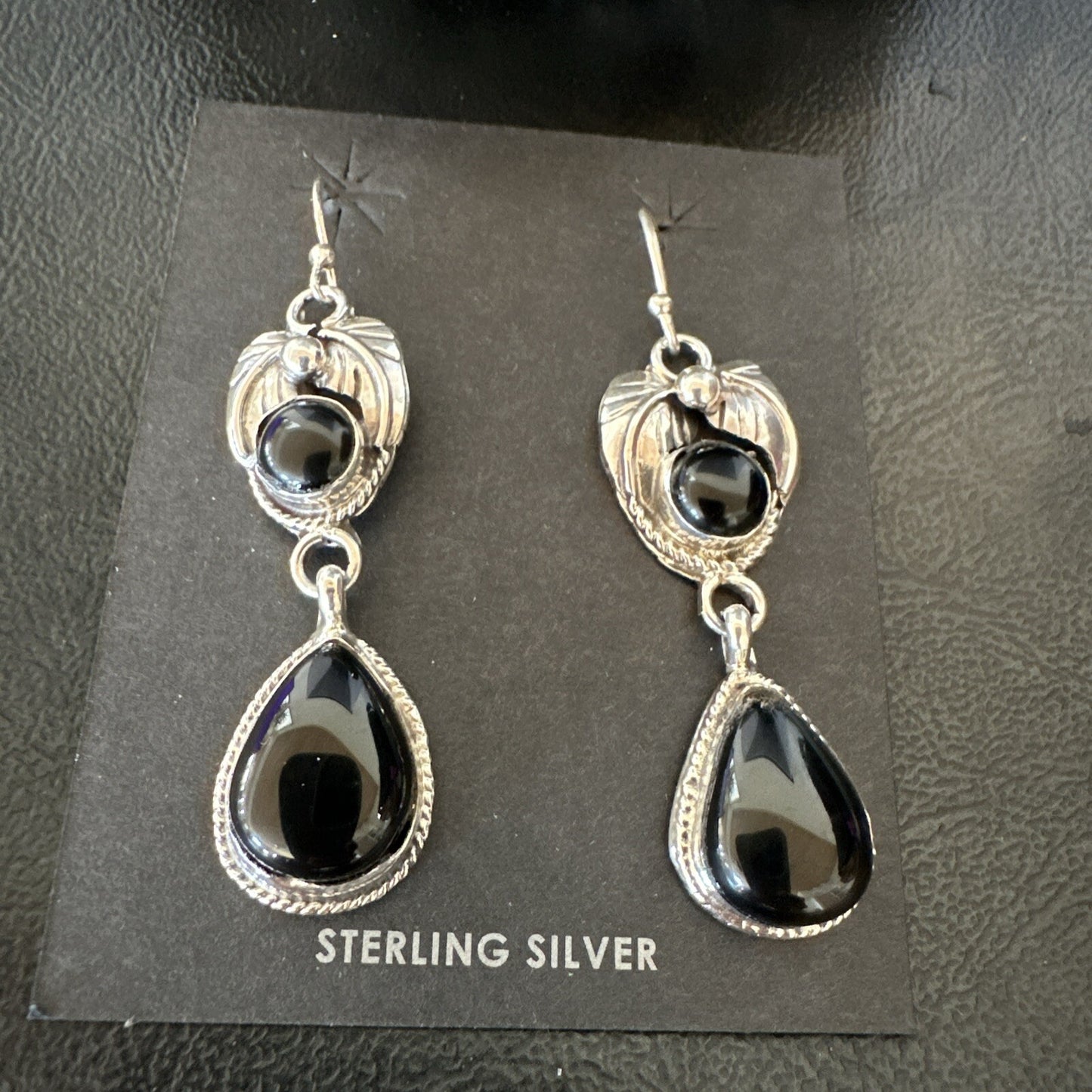 Black Onyx Navajo Sterling Silver Dangle Earrings 1.5" 18287