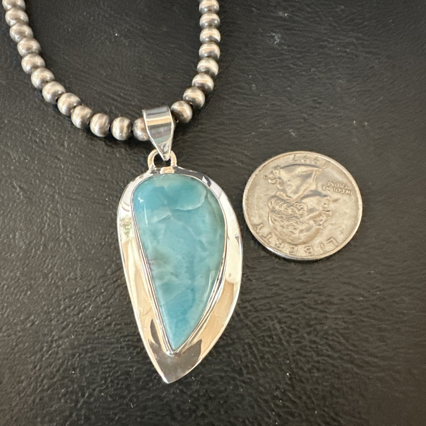 Womens Blue Larimar Pendant Navajo Sterling Silver Beads Necklace 17716
