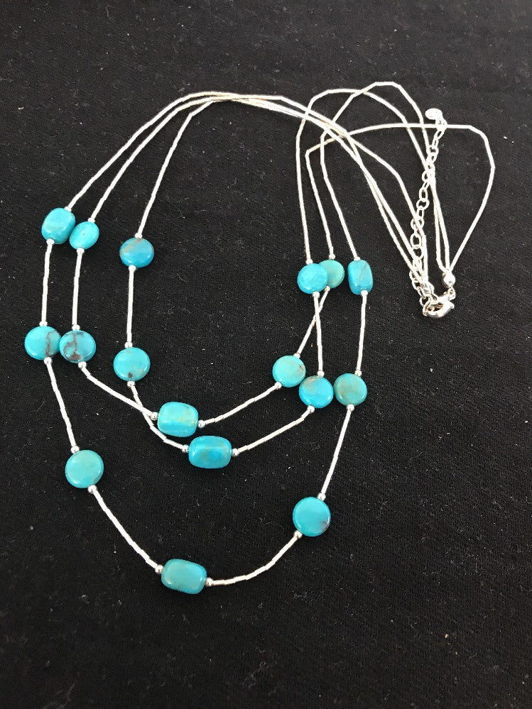 Liquid Silver Heishi 3S Sterling Silver Tube Necklace Nugget Turquoise 03695