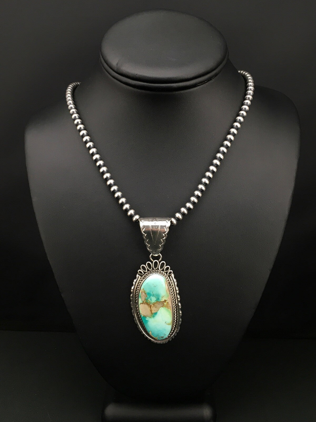 Royston Turquoise Pendant Navajo Pearls Sterling Silver Necklace 4820