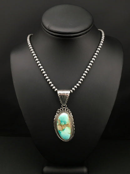 Royston Turquoise Pendant Navajo Pearls Sterling Silver Necklace 4820