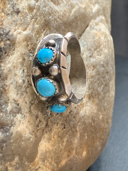 Blue Turquoise 3 stone Navajo Sterling Silver Old Pawn Ring Size 8 10788