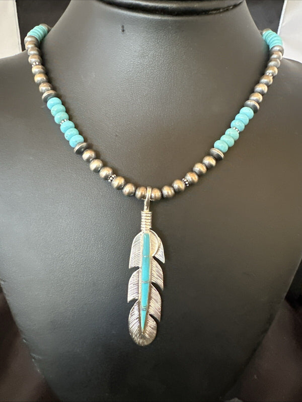 Men's Feather Turquoise Pendant Navajo Beads Necklace 22" | Sterling Silver | Authentic Native American Handmade | 18669