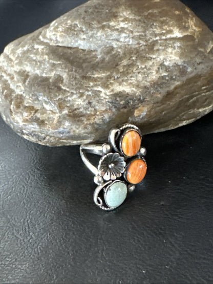Multicolor Ring Turquoise Spiny Navajo Sterling Silver Cluster Size 8.5 19188