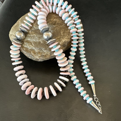 Pink Queen Conch Turquoise Graduated Navajo Sterling Silver Necklace 24” 19016