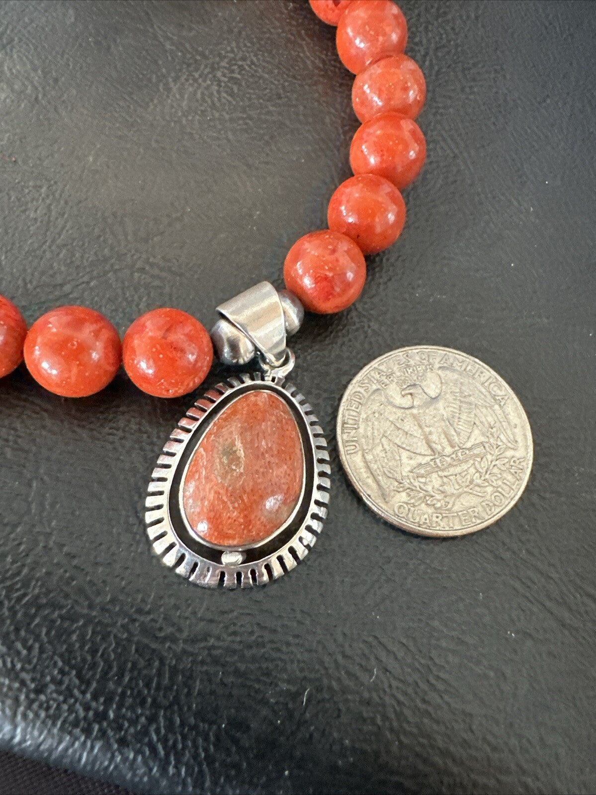 Navajo Apple Sponge Coral Sterling Silver Necklace Pendant 20” 18329