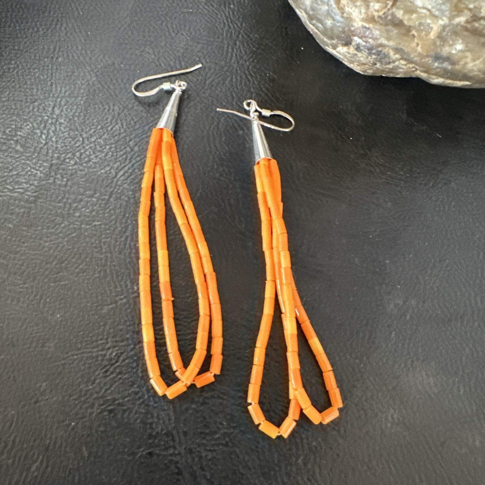 Orange Beads 2 Strands Heishi Liquid Sterling Silver Dangle Earrings 3” 19040
