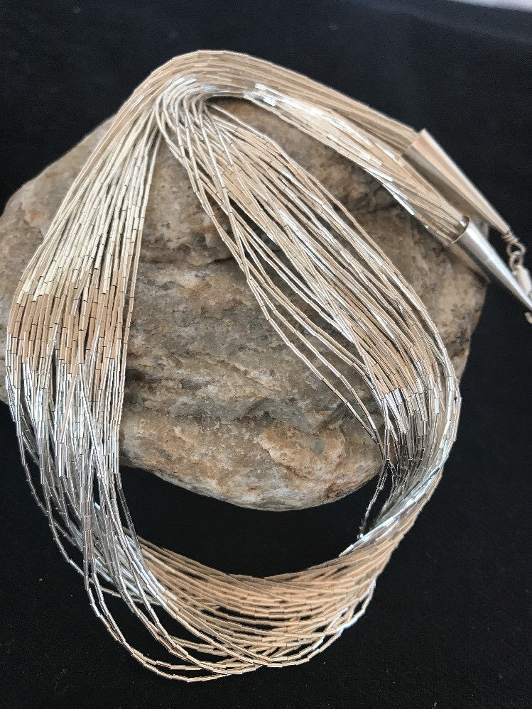 Liquid Silver Heishi 30 Strands Sterling Silver Tube Beads 17" Necklace 03698