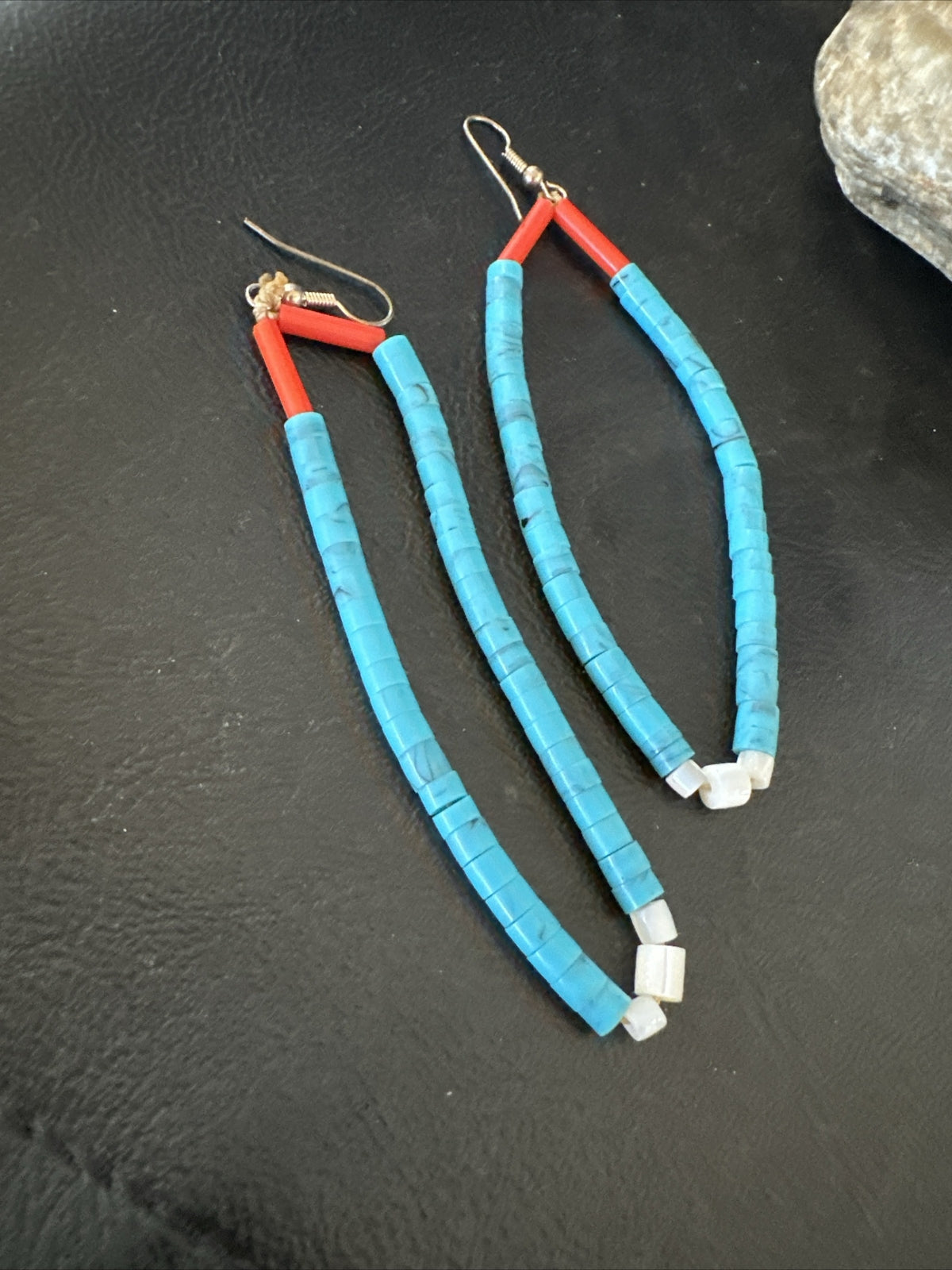 Blue Turquoise Coral Santo Domingo Sterling Silver Long Dangle Earrings 3" 17848