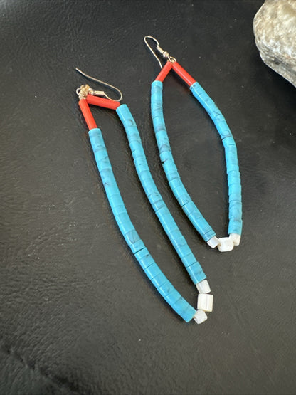 Blue Turquoise Coral Santo Domingo Sterling Silver Long Dangle Earrings 3" 17848
