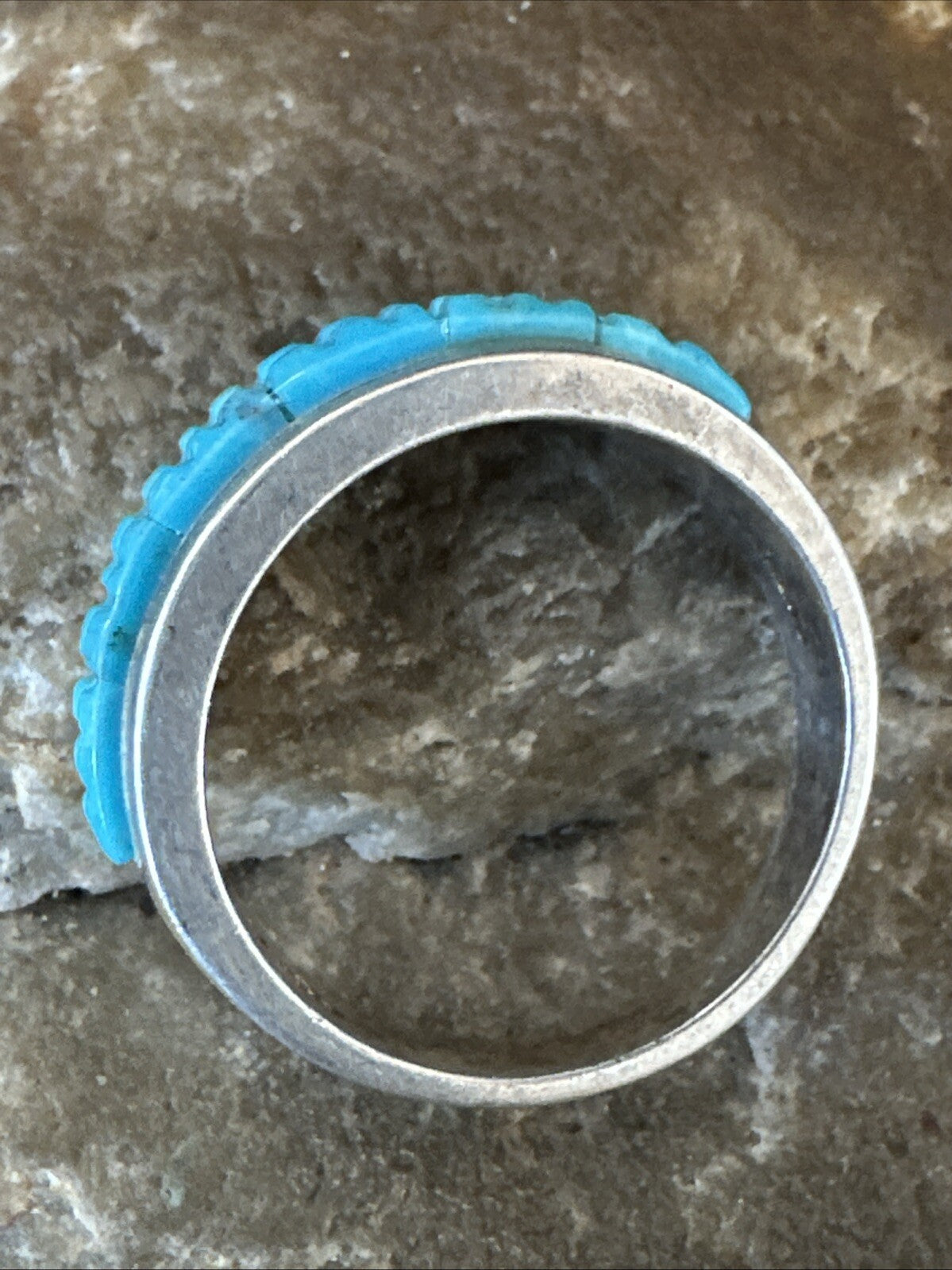 Blue Turquoise Navajo Sterling Silver Corn Inlay Band Ring Size 8.5 18815