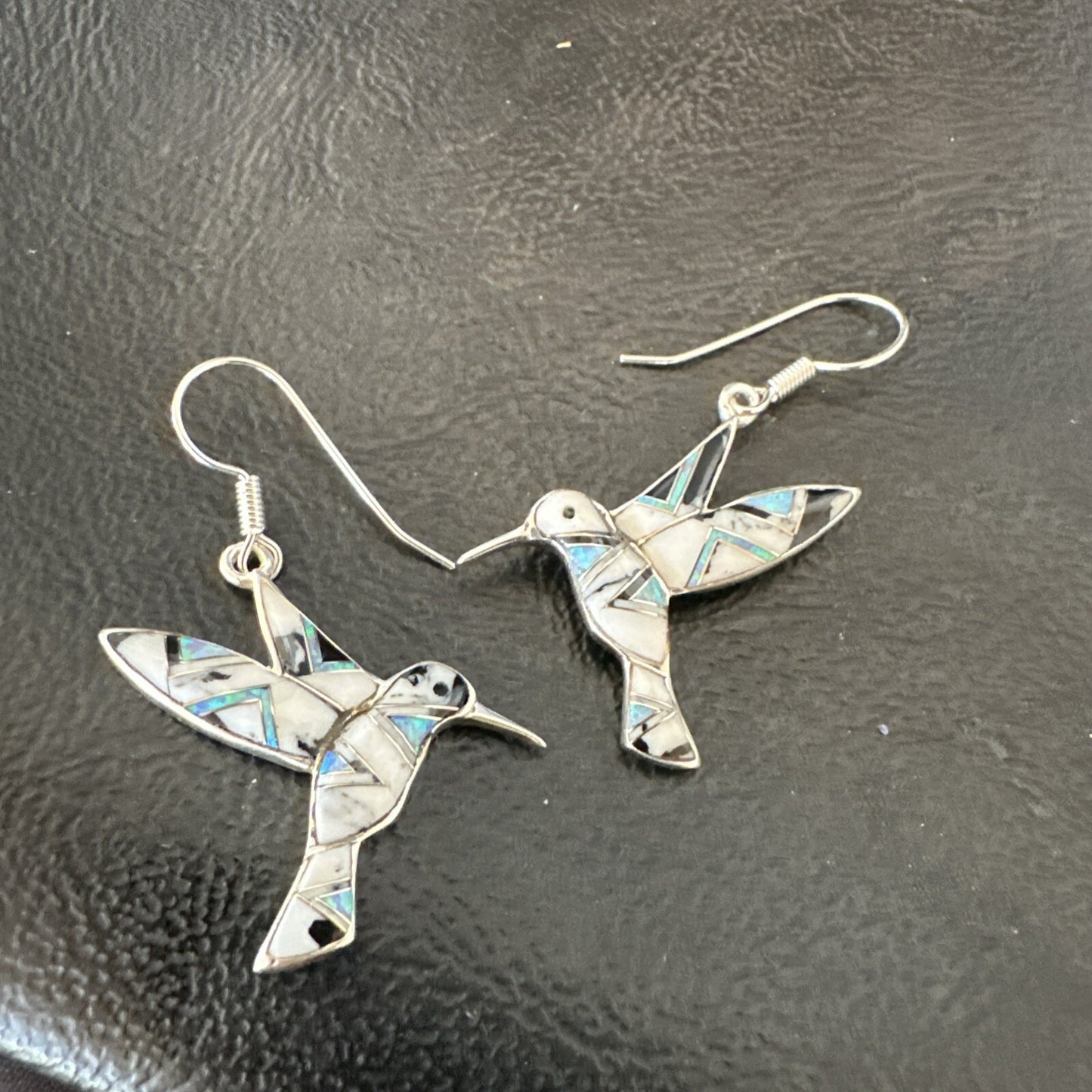 White Buffalo Turquoise Opal Onyx Sterling Silver Hummingbird Earrings 18546