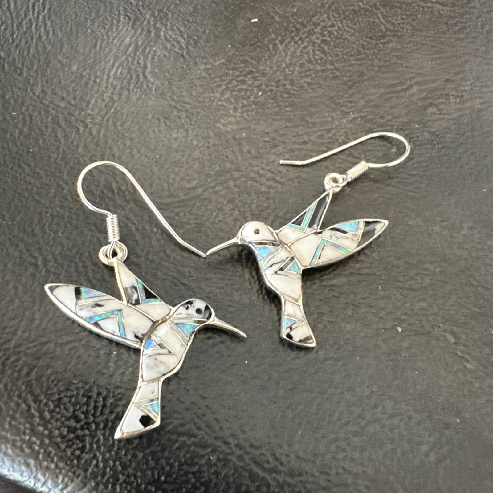 White Buffalo Turquoise Opal Onyx Sterling Silver Hummingbird Earrings 18546