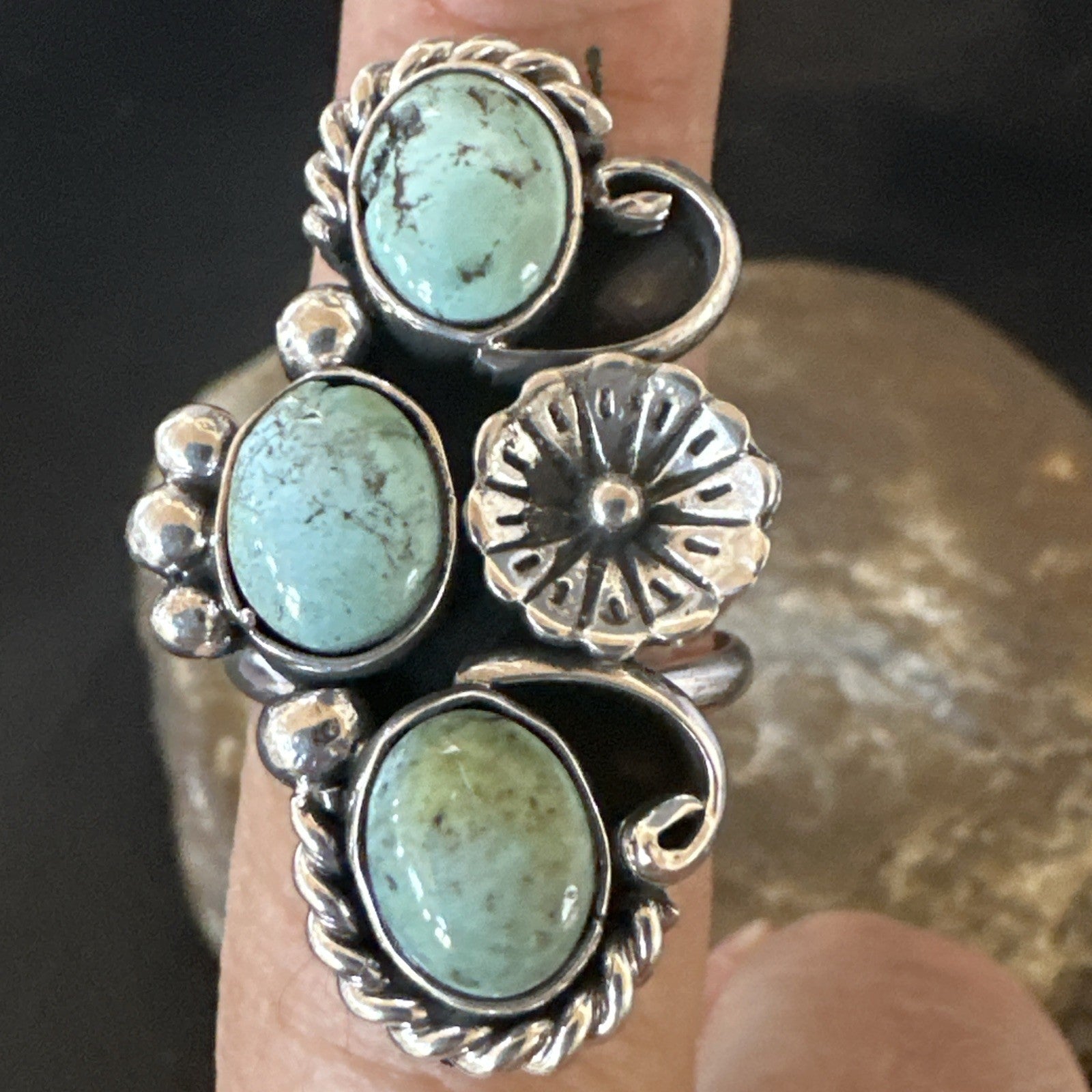 Blue Green Turquoise Navajo Sterling Silver Cluster Ring Size 8.5 19080