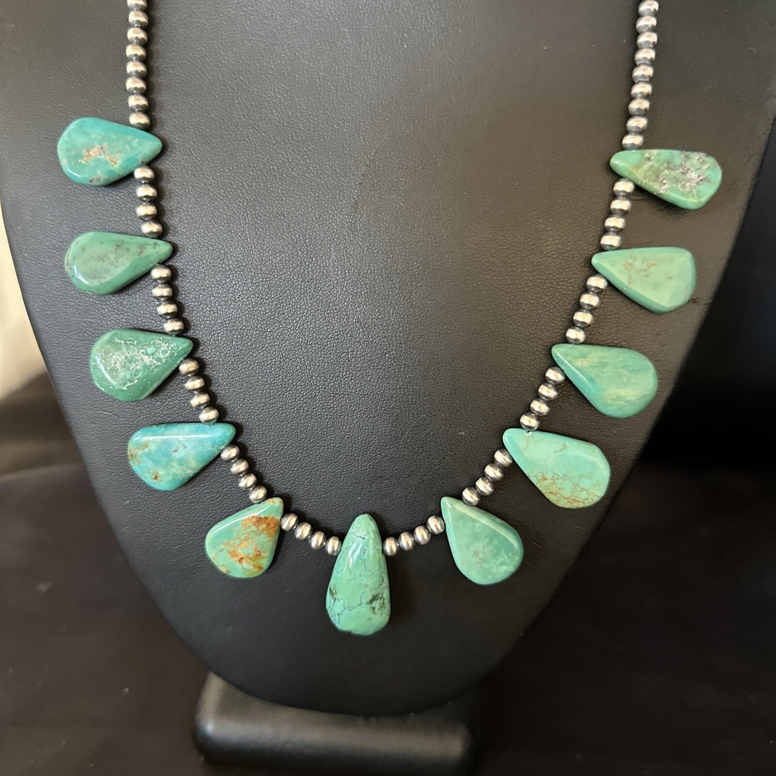 Blue Turquoise Teardrop Navajo Pearls Sterling Silver Necklace 14387
