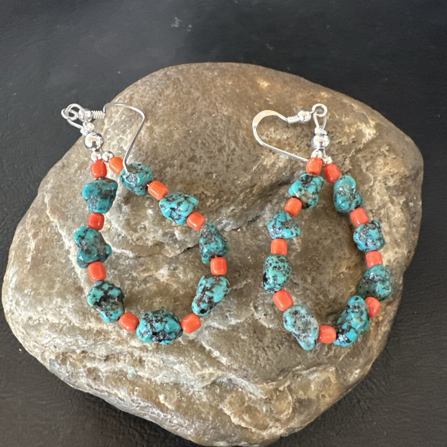 Blue Kingman Nugget Turquoise Coral Navajo Sterling Silver Earrings 2” 18836