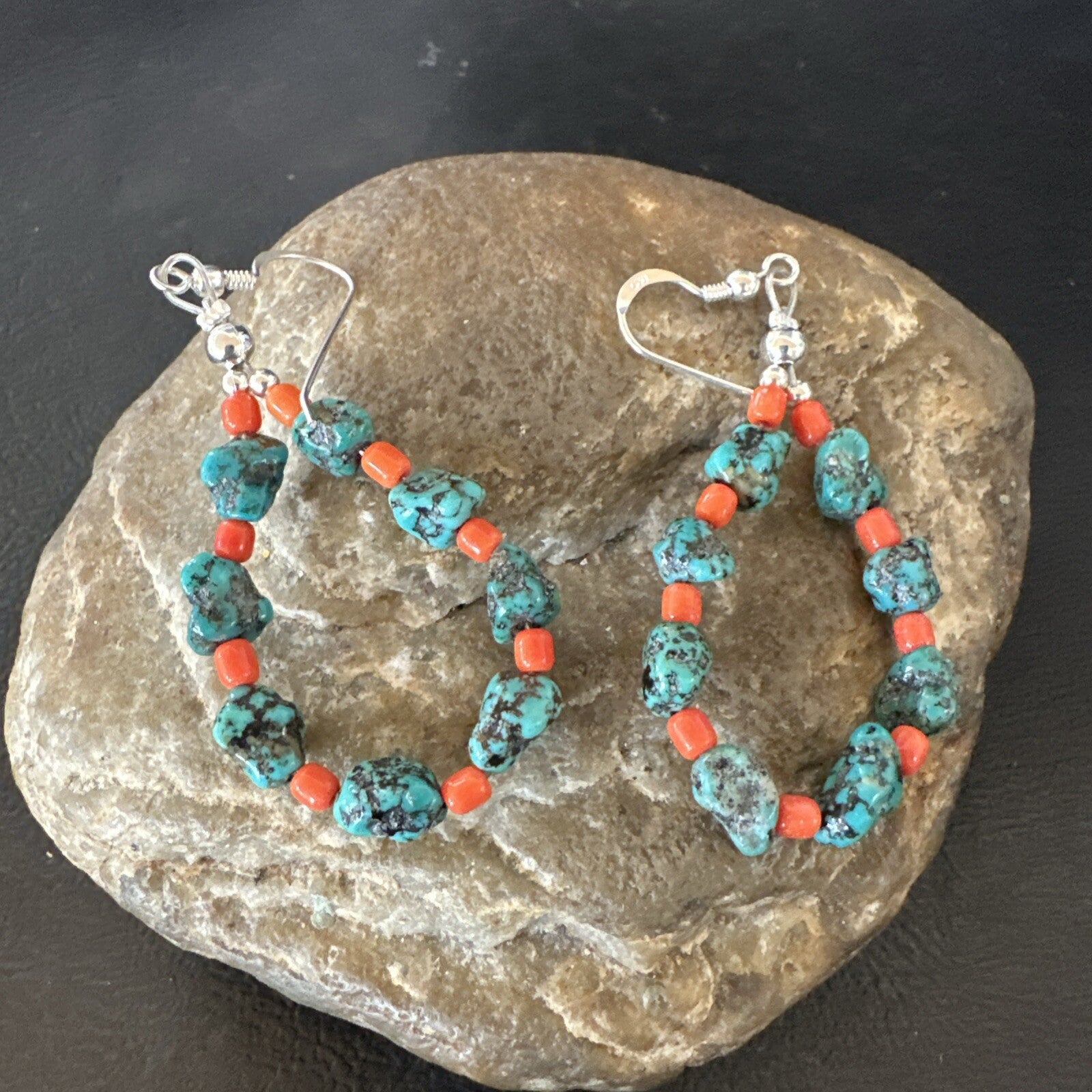 Blue Kingman Nugget Turquoise Coral Navajo Sterling Silver Earrings 2” 18836