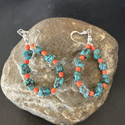Blue Kingman Nugget Turquoise Coral Navajo Sterling Silver Earrings 2” 18836