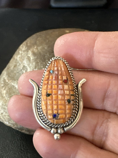 CORN INLAY Orange Spiny Turquoise Coral Zuni Sterling Silver Pin Pendant 17851