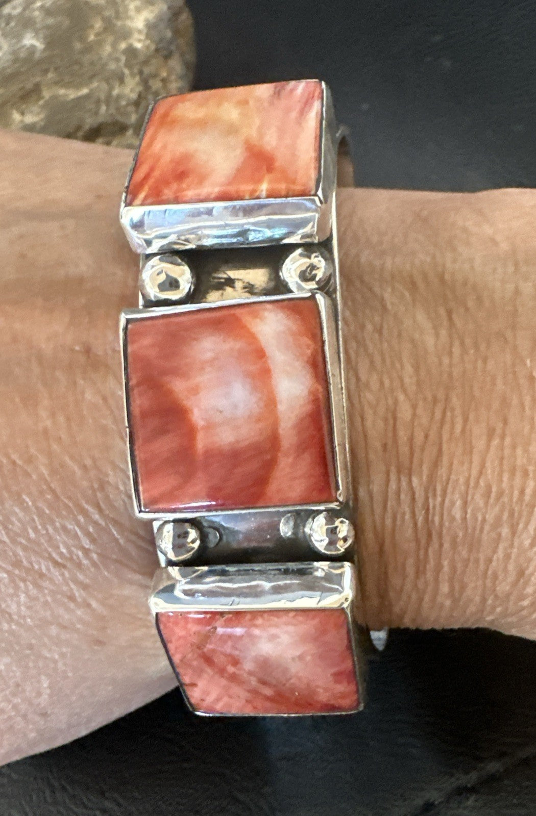 Red Spiny 3 Stone Sterling Silver Navajo Cuff Bracelet 7.7" 19488